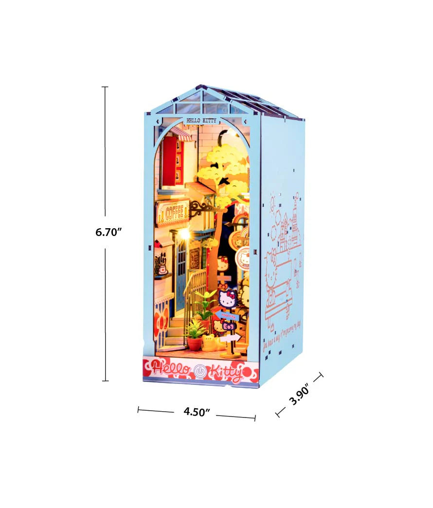 Step into the delightful world of Hello Kitty Town Square with this charming DIY miniature book nook! This beautifully crafted scene features a cozy alleyway filled with inviting cafes, lush plants, and charming little shops, capturing the peaceful vibe of a lively town square. At the heart of the alley, Hello Kitty stands happily, adding a sense of joy and warmth to the entire scene.