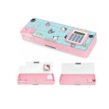 Travel back in time with this multifunctional pencil case, featuring adorable Hello Kitty and Friends artwork. With a built-in calculator, pencil sharpener, and dual compartments for extra storage, this case is as practical as it is cute. Each side holds up to five pens or pencils, plus erasers, paper clips, and more—keeping everything organized and in place with secure magnetic closures. It's the perfect blend of classic charm and everyday function! © 2025 SANRIO CO., LTD. Used Under License.