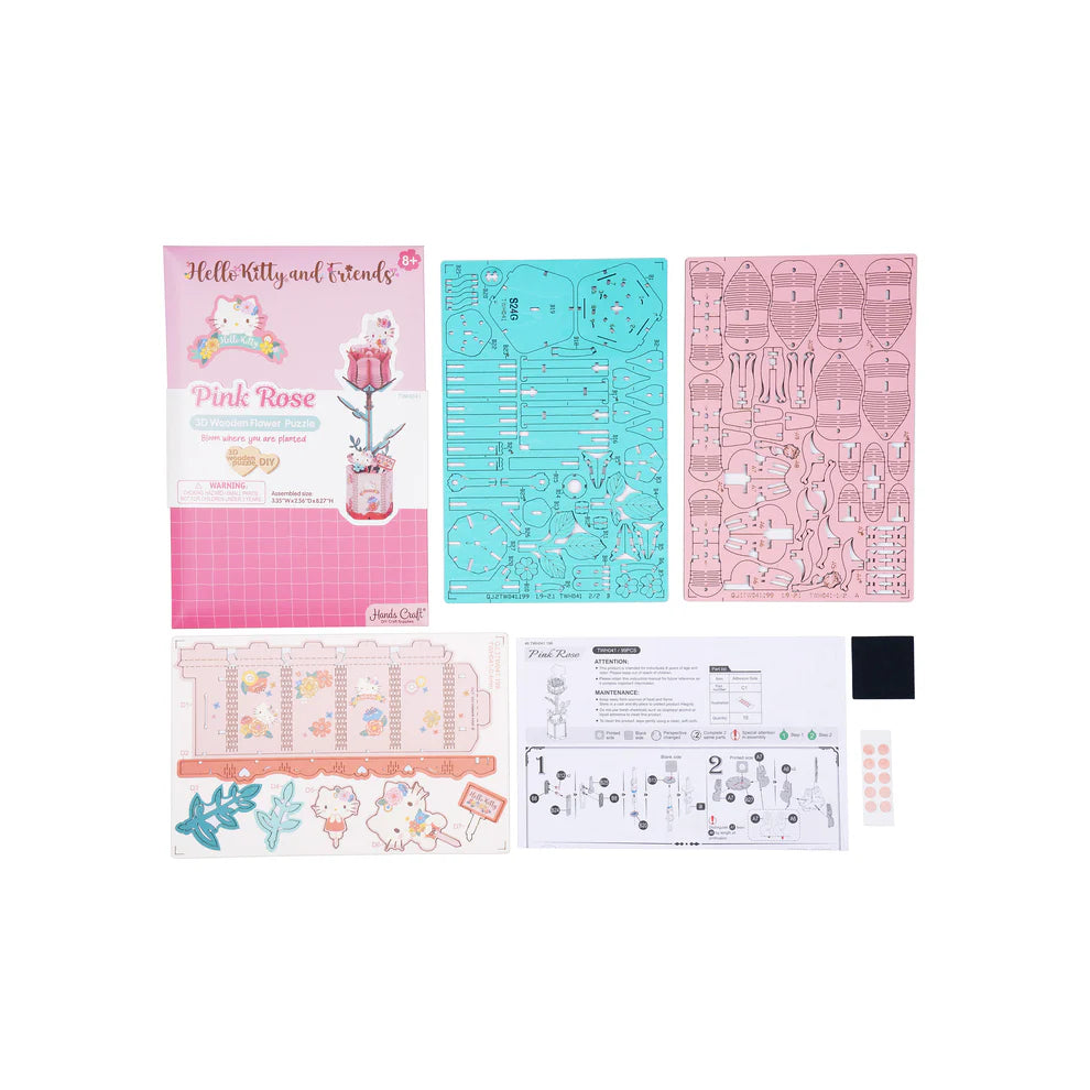 Unleash your creativity with the Hello Kitty Pink Rose 3D Wooden Puzzle Kit. This detailed kit lets you build a charming pink rose featuring the iconic Hello Kitty character, offering a fun and satisfying challenge for individuals age 8+!