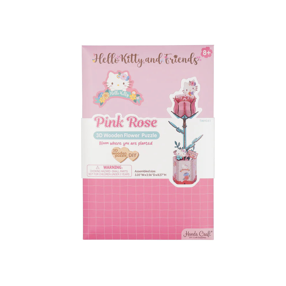 Unleash your creativity with the Hello Kitty Pink Rose 3D Wooden Puzzle Kit. This detailed kit lets you build a charming pink rose featuring the iconic Hello Kitty character, offering a fun and satisfying challenge for individuals age 8+!