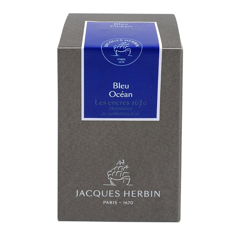 The 1670 Anniversary Collection celebrates the life of the 17th-century French adventurer, Jacques Herbin. Sailing from India, Monsieur Herbin arrived home to Paris with formulas for the now-famous Herbin inks and sealing waxes.

Enhanced with a luxurious, golden metallic sheen, these highly saturated inks will add an elegant luster to all your writing.&nbsp;

The Ocean Blue ink, with its deep, intense colour, is majestic because of its golden sequins that sparkle with a thousand lights. It is a tribute to 