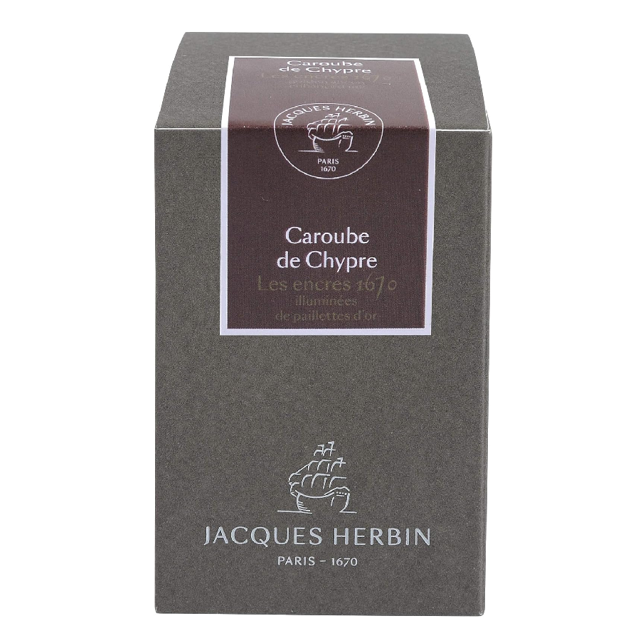 The 1670 Anniversary Collection celebrates the life of the 17th-century French adventurer, Jacques Herbin. Sailing from India, Monsieur Herbin arrived home to Paris with formulas for the now-famous Herbin inks and sealing waxes.

Enhanced with a luxurious, golden metallic sheen, these highly saturated inks will add an elegant luster to all your writing.&nbsp;

The intense brown of Caroube ink is streaked with fire-coloured reflections (gold flakes) to give a sparkle to the various writings.

Hand bottled wi