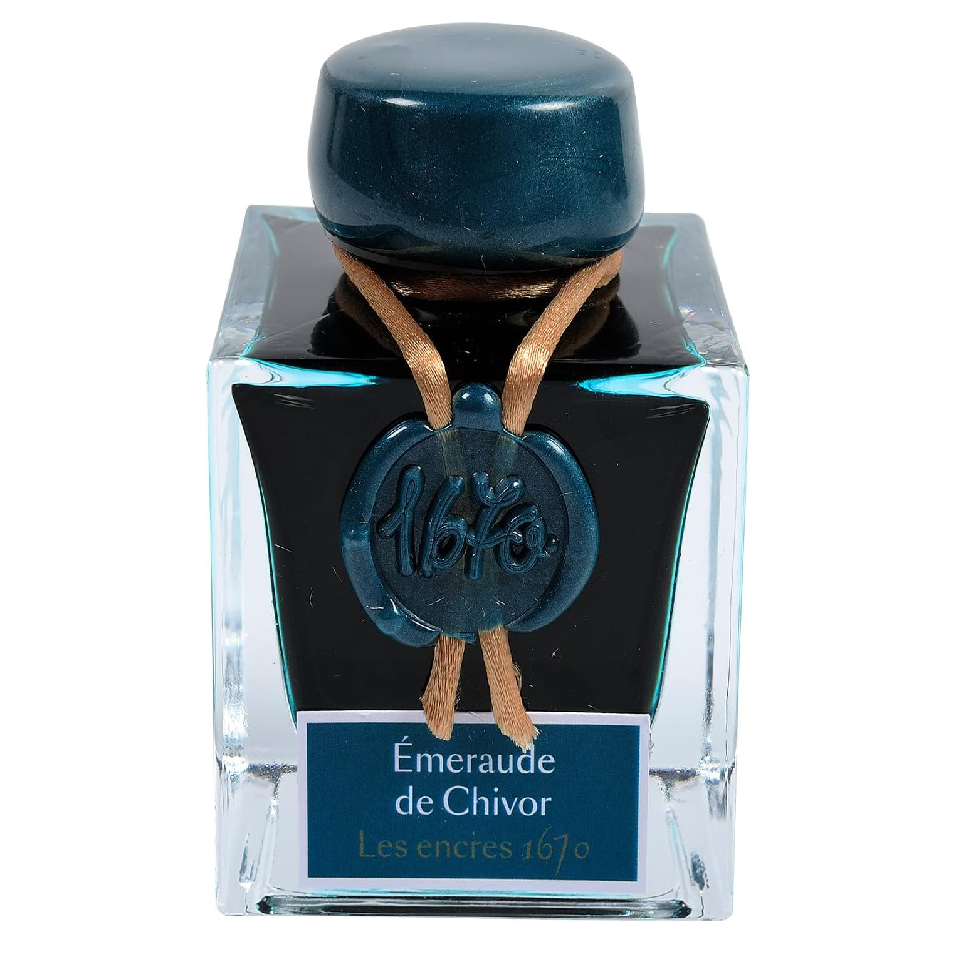 The 1670 Anniversary Collection celebrates the life of the 17th-century French adventurer, Jacques Herbin. Sailing from India, Monsieur Herbin arrived home to Paris with formulas for the now-famous Herbin inks and sealing waxes.

Enhanced with a luxurious, golden metallic sheen, these highly saturated inks will add an elegant luster to all your writing.&nbsp;

Chivor's Emerald, a bluish hue with green reflections, shimmers with golden glitter, providing a thousand lights for the ever-renewed pleasure of wri