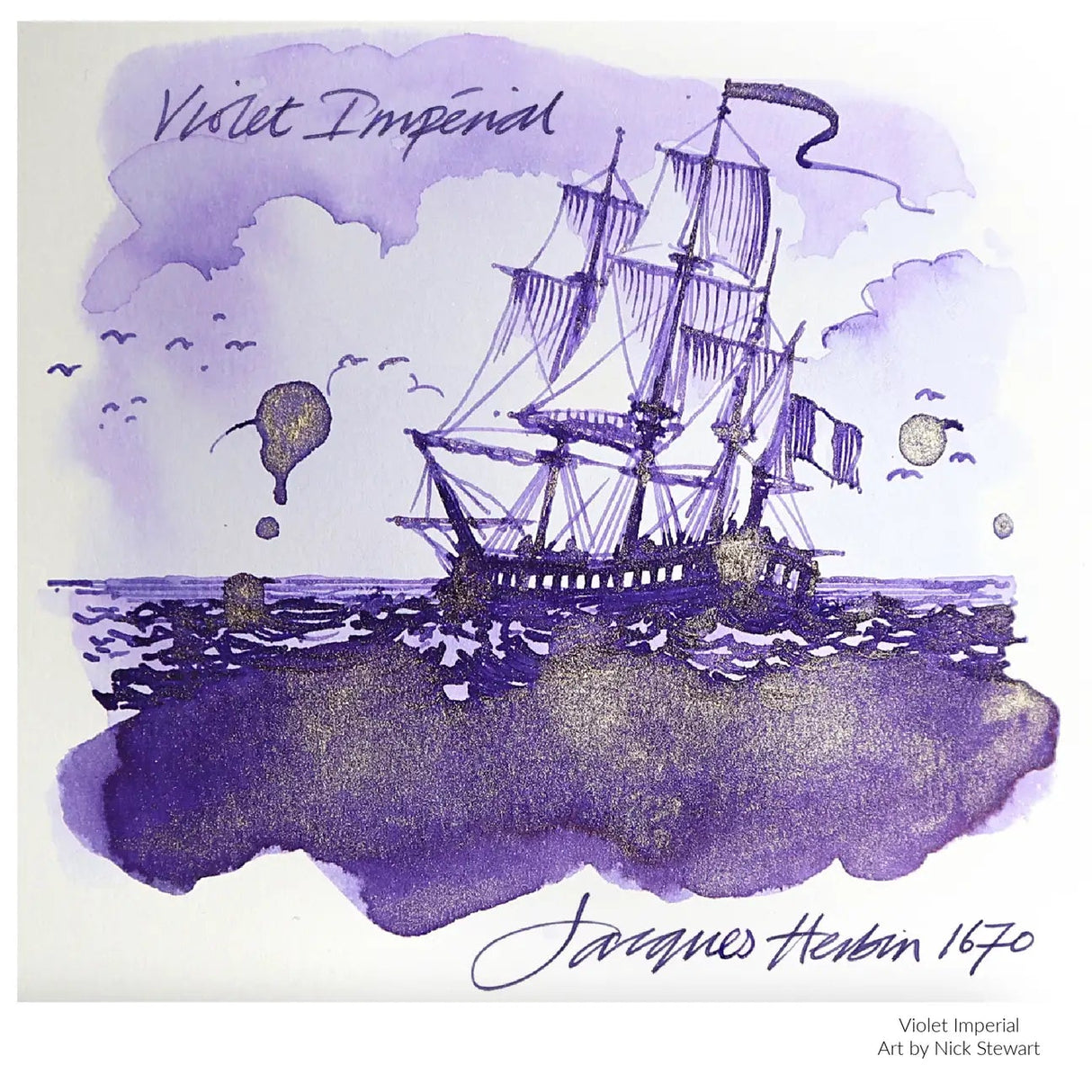 The 1670 Anniversary Collection celebrates the life of the 17th-century French adventurer, Jacques Herbin. Sailing from India, Monsieur Herbin arrived home to Paris with formulas for the now-famous Herbin inks and sealing waxes.

Enhanced with a luxurious, golden metallic sheen, these highly saturated inks will add an elegant luster to all your writing.&nbsp;

&nbsp;Violet Impérial is a soft, elegant ink colour covered in a cloud of gold glitter. A colour that symbolises luxury and mystery, used by Louis XI