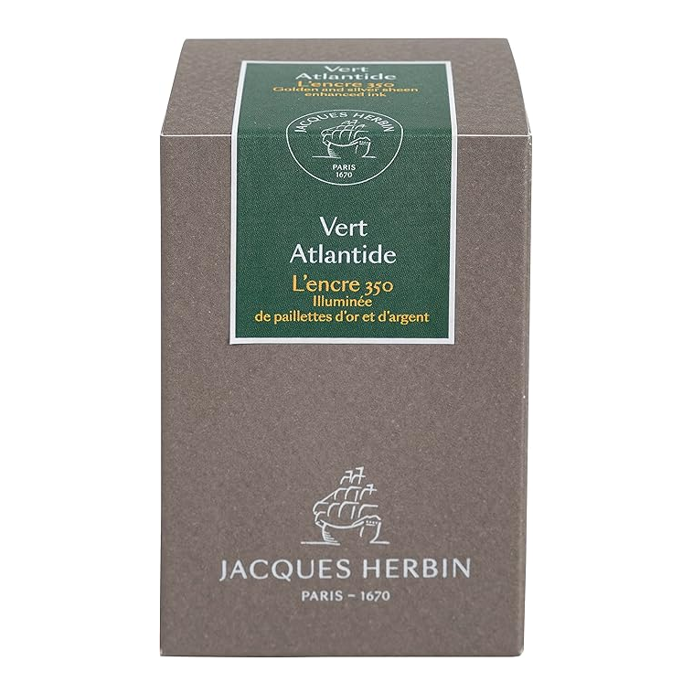 Ink 350, from the exclusive Jacques Herbin Prestige Collection, celebrates the launch date of the Jacques Herbin house in Paris in 1670. Vert Atlantide ink, a dark, intense colour, is illuminated with silver and gold flakes.

This ink is a tribute to the navigator Jacques Herbin, whose legend tells of his interest in lost places such as Antlantide.&nbsp;

Hand bottled with wax-dipped cap and seal.
50ml bottle.
Made in Paris.