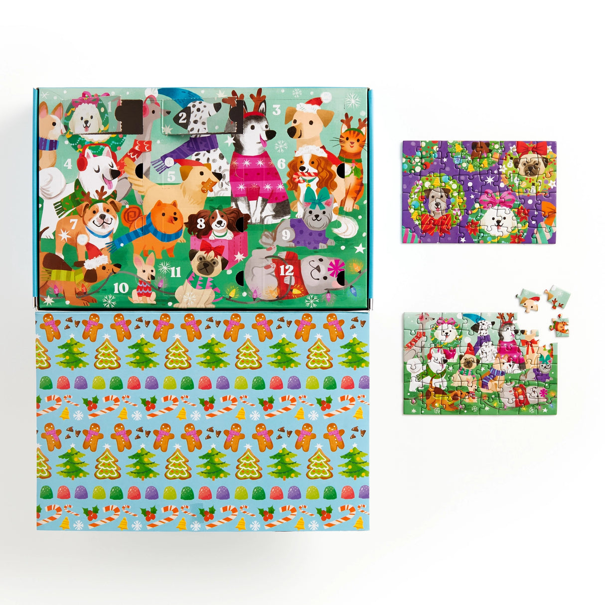 COUNTDOWN PUZZLE – Countdown the 12 days of Christmas with our Ho Ho Howl Countdown Puzzle Set. Open the cover flap to find 12 perforated windows, each with a 48-piece mini puzzle inside. A double-sided insert provides an image reference for each mini puzzle.

BRIGHT AND BOLD ARTWORK – This Ho Ho Howl Countdown Puzzle features the cutest dogs partaking in Christmas customs like sledding, building a gingerbread house and of course drinking hot chocolate! 