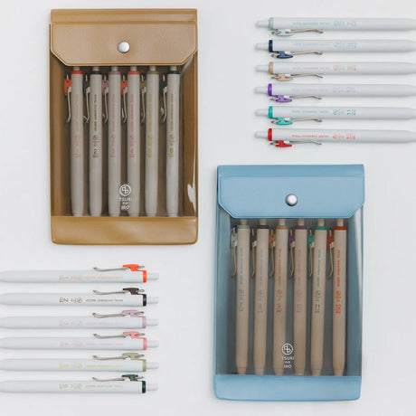 The Hobonichi Techo uses 12 soft colors across the book. The TSUKI no IRO stationery series incorporates these colors into simple designs.

This set of six Uniball One pens features vibrant, bold ink colors selected in colors that go well with the printing colors used for each of the twelve months in the Hobonichi Techo.
The twelve colors are divided into two sets of six pens—one for January through June, and the other for July through December—each housed in an original case.