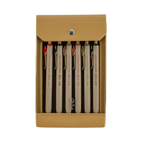 The Hobonichi Techo uses 12 soft colors across the book. The TSUKI no IRO stationery series incorporates these colors into simple designs.

This set of six Uniball One pens features vibrant, bold ink colors selected in colors that go well with the printing colors used for each of the twelve months in the Hobonichi Techo.
The twelve colors are divided into two sets of six pens—one for January through June, and the other for July through December—each housed in an original case.