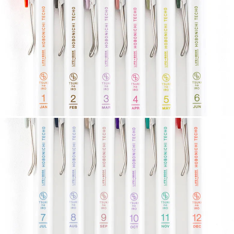 The Hobonichi Techo uses 12 soft colors across the book. The TSUKI no IRO stationery series incorporates these colors into simple designs.

This set of six Uniball One pens features vibrant, bold ink colors selected in colors that go well with the printing colors used for each of the twelve months in the Hobonichi Techo.
The twelve colors are divided into two sets of six pens—one for January through June, and the other for July through December—each housed in an original case.