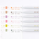 The Hobonichi Techo uses 12 soft colors across the book. The TSUKI no IRO stationery series incorporates these colors into simple designs.

This set of six Uniball One pens features vibrant, bold ink colors selected in colors that go well with the printing colors used for each of the twelve months in the Hobonichi Techo.
The twelve colors are divided into two sets of six pens—one for January through June, and the other for July through December—each housed in an original case.
