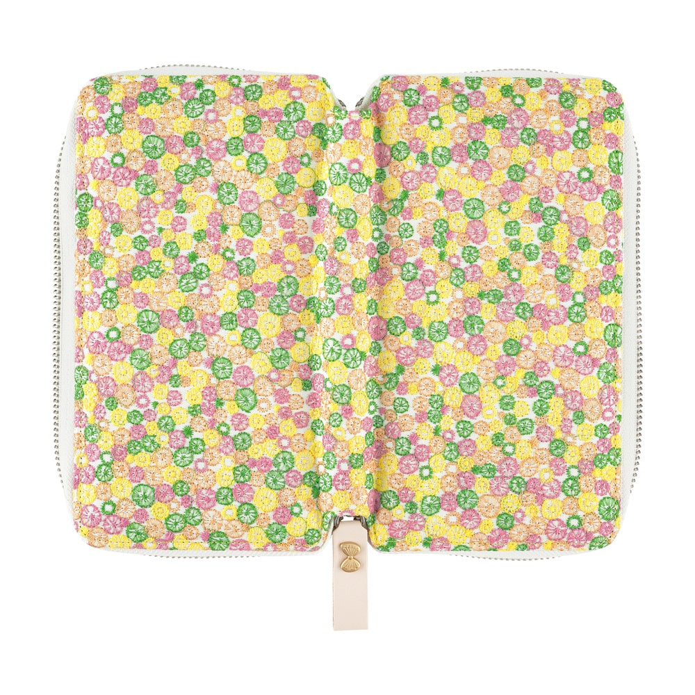 Hobonichi 2026 Weeks Cover - mina perhonen: skyful (Yellow) Floral patterned pouch with a visible brand logo on a white background