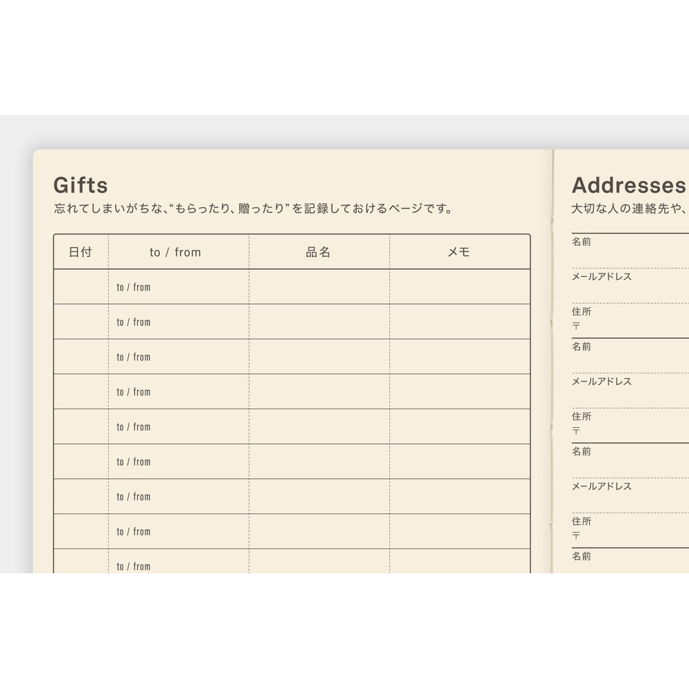 Gifts and Addresses record sheets with a beige background