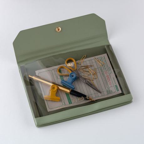 Green tool kit with various tools including scissors and pliers on a white background