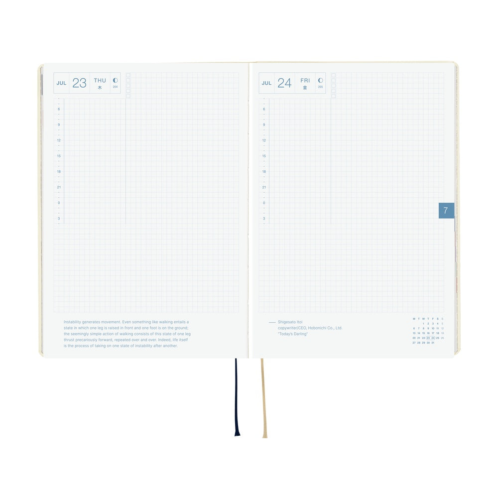 Hobonichi HON 2026 Slash (Ivory) [ENG/A5/Jan Start] HON Two open pages of a planner with dates and grid lines on a white background