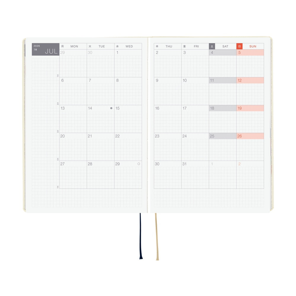 Hobonichi HON 2026 Slash (Ivory) [ENG/A5/Jan Start] HON Double-page spread of a calendar with marked dates on a white background