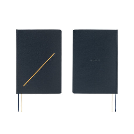 Hobonichi HON 2026 Slash (Navy) [ENG/A5/Jan Start] HON Two black notebooks with gold accents on a white background