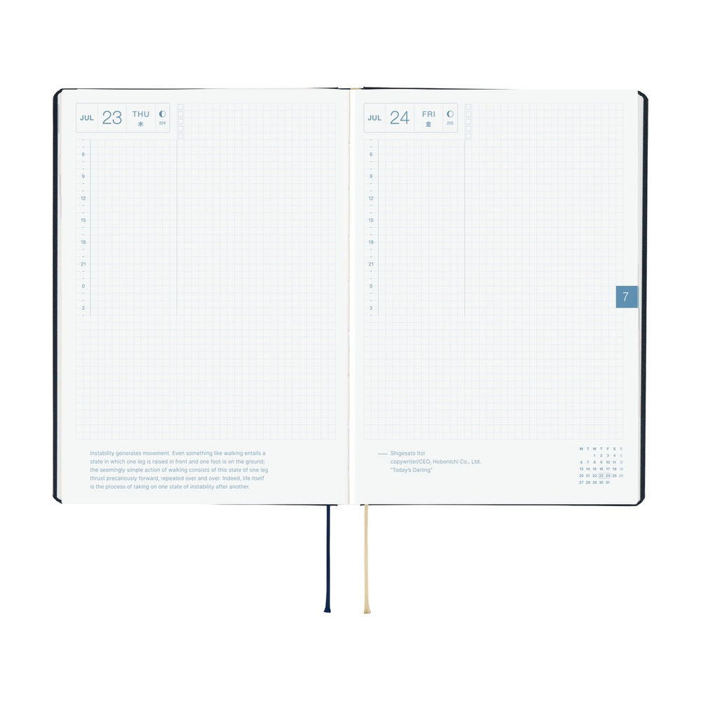 Hobonichi HON 2026 Slash (Navy) [ENG/A5/Jan Start] HON Open planner with daily layout on a white background