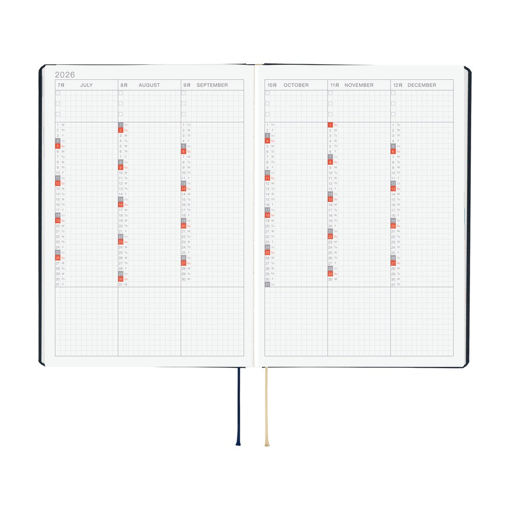 Hobonichi HON 2026 Slash (Navy) [ENG/A5/Jan Start] HON Open planner with monthly calendar layout on a white background