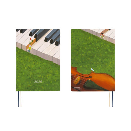 Hobonichi Hiroko Kubota: Waiting on the Chord ENG A5 Jan Start HON Two decorative panels with musical instruments on a grassy background, featuring the year 2026.