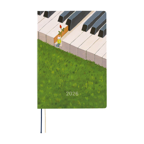 Hobonichi Hiroko Kubota: Waiting on the Chord ENG A5 Jan Start HON  Notebook with piano keys and grass design, featuring the year 2026.
