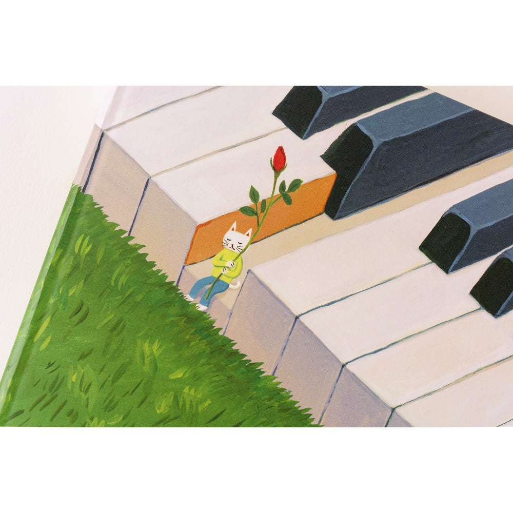 Hobonichi Hiroko Kubota: Waiting on the Chord ENG A5 Jan Start HON  Illustration of a cat with a rose standing next to a piano