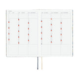 Hobonichi Liberty Fabrics: Sasha Kiora ENG / A5 / Jan Start HON Two-page spread of a planner with calendar and grid layout on a white background