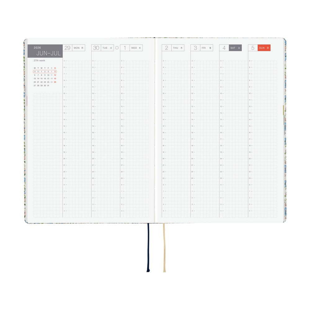 Hobonichi Liberty Fabrics: Sasha Kiora ENG / A5 / Jan Start HON Calendar planner with monthly layout on a white background