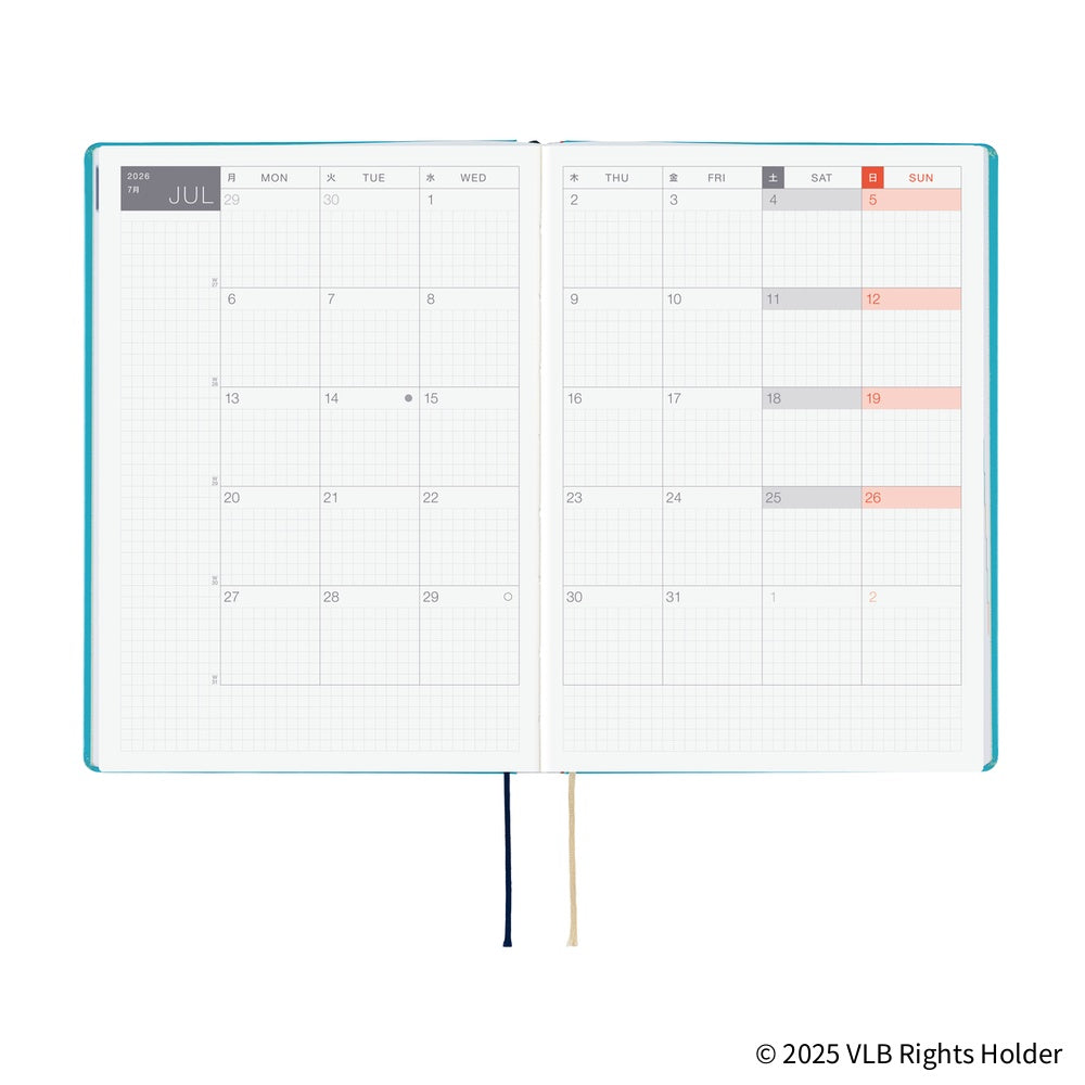 Hobonichi Virginia Lee Burton: The Little House ENG A5 Jan Start HON Open planner showing a monthly calendar layout with dates and time slots.