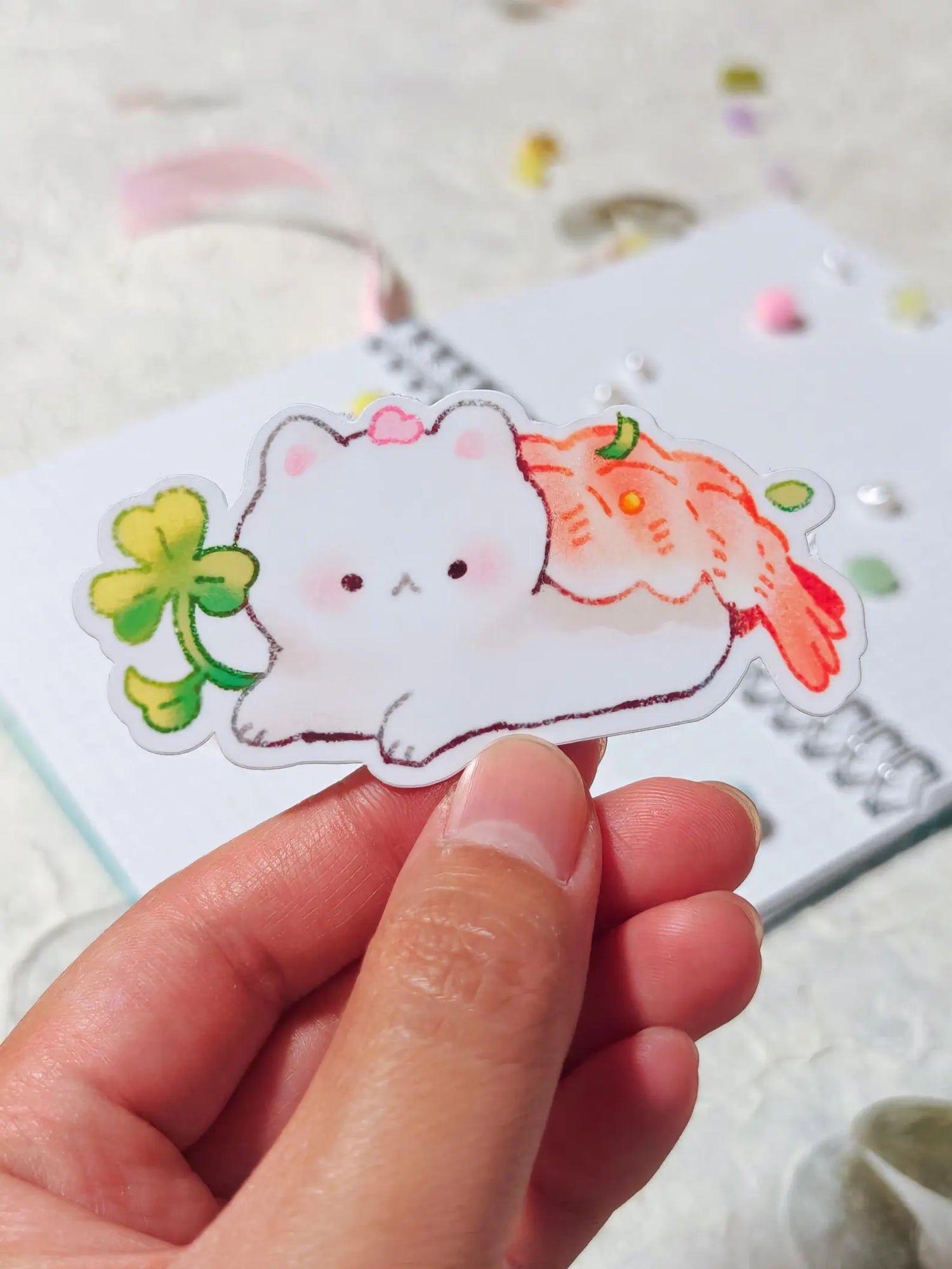 This is a glossy vinyl die-cut paper sticker, illustrated and made in-house by me. It's waterproof and ideal for decorating hard surfaces like laptops, water bottles, and phone cases, adding a cute touch to your belongings.&nbsp;

Material: premium glossy waterproof vinyl