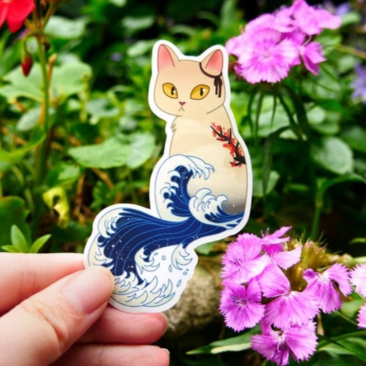Hokusai Wave Cat Vinyl Sticker