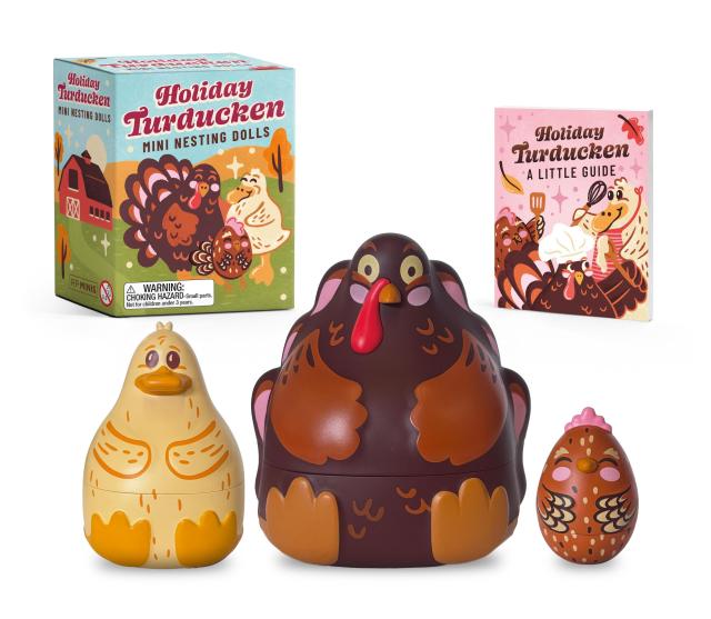 The classic nesting doll set gets a fun holiday twist with this miniature turducken trio featuring a happy turkey (3 inches), friendly duck (2½ inches), and cute chicken (1½ inches). This set includes a 32-page fully illustrated mini book about this delectable dish, including a recipe to make your own holiday roast. The mini nesting doll set can be displayed on a desktop, mantle, or shelf, making it a perfect gag gift for Thanksgiving and holiday hosts, stocking stuffers, and white elephant parties.