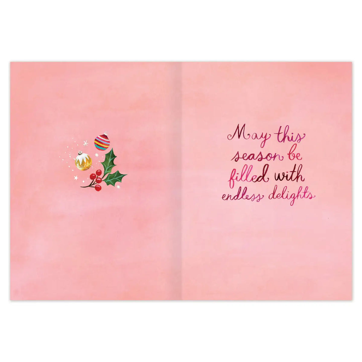 Inside verse: May this season be filled with endless delights

• Size: A6, 4.6" x 6.4"
• Pre-priced
• Paired with a Brown Kraft envelope
• Printed in the USA on high-quality recycled post-consumer waste paper

About The Artist: Katie Daisy was raised by the birds and warm breezes of small-town Lindenwood, Illinois, brought up among the wildflowers with roots planted deeply in the natural world. Working in watercolor and acrylic paint, Katie strives to capture the magic and beauty of a life lived in harmony 