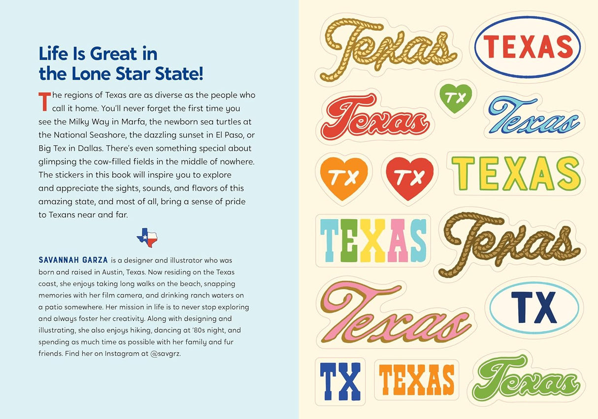 A visual love letter in stickers to Texas and its iconic food, landmarks, cities, and more. Cowboy boots and pickup trucks. Frito pie and game day. Hill Country, horned lizards, and beautiful bluebonnets. Declare your love for the Lone Star State with illustrated stickers that capture what's iconic about Texas, from famous landmarks like Cadillac Ranch and the Alamo, to cities big and small like Houston and El Paso. Because everyone knows: There’s no place like Texas.