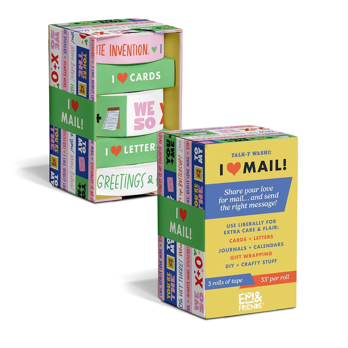 Make the cards &amp; gifts you send even MORE delightful with our Talk-y Washi Tape! This fun &amp; funny decorative tape celebrates your love of mail (and cuteness)! Use liberally to jazz up cards, letters, gift wrap, journals, calendars, and crafts!

3 rolls: 1 roll measuring 2.5 cm x 10 m, 2 rolls each measuring 1.5 cm x 10 m
Box: 2 x 3.75 x 2 inches