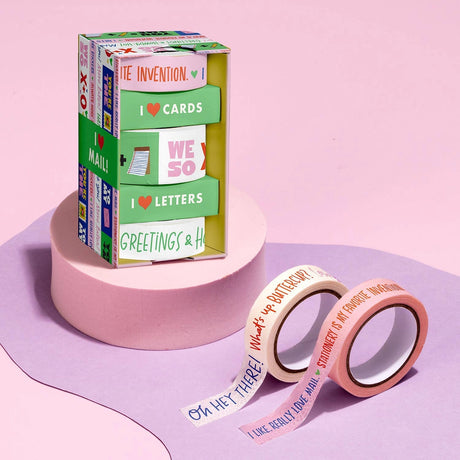 Make the cards &amp; gifts you send even MORE delightful with our Talk-y Washi Tape! This fun &amp; funny decorative tape celebrates your love of mail (and cuteness)! Use liberally to jazz up cards, letters, gift wrap, journals, calendars, and crafts!

3 rolls: 1 roll measuring 2.5 cm x 10 m, 2 rolls each measuring 1.5 cm x 10 m
Box: 2 x 3.75 x 2 inches