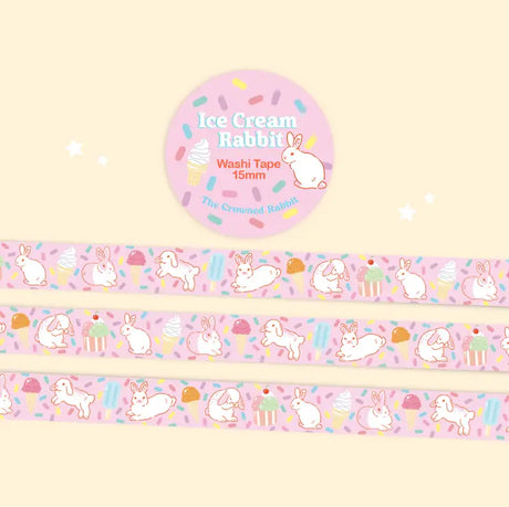15mm washi tape featuring rabbits and ice cream!

Comes wrapped in protective plastic with sticker label packaging.&nbsp;

Includes 1 roll of washi tape.&nbsp;