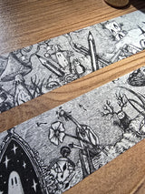 A unique and infinitely repeating fantasy landscape of melancholy oddities and curious characters, from original hand-drawn ink artwork by Jon Turner, recreated with incredible detail at miniature size in this washi tape that invites you to find new tiny details with every viewing.

This is a special extra-wide washi tape, 30mm high which really brings out all the tiny details. perfect for creating a decorative border when journalling, or for packing parcels with surreal style. 10m long.