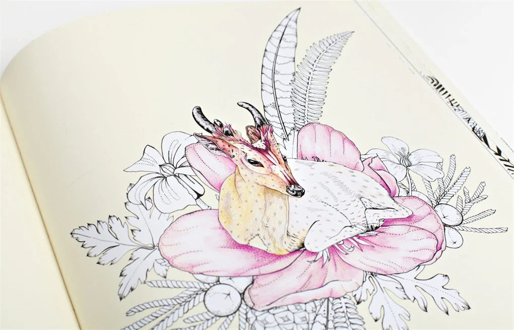 Journey through dream-like forest scenes, and encounter real and fabulous creatures in this gorgeous new coloring book by Daisy Fletcher, creator of Birdtopia. Beginning in a woodland world of otters, badgers, foxes, and deer, the pages gradually transport you deeper into a flower forest, a magical environment populated with rare and mythical animals such as caracals, squirrel monkeys, muntjacs, and ibex. Color your way through exotic and wonderful plants – Candy Cane Sorrel, Passion Flowers, and giant Cact