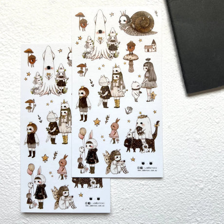 This whimsical washi sticker sheet was illustrated by jb0xtchi (Jessica Ng). jb0xtchi creates stationary and small trinkets from whimsical ideas in the form of painting using ink, watercolour, and gouache.

Washi Material Sticker Sheet
Height: 170mm x Width: 90mm