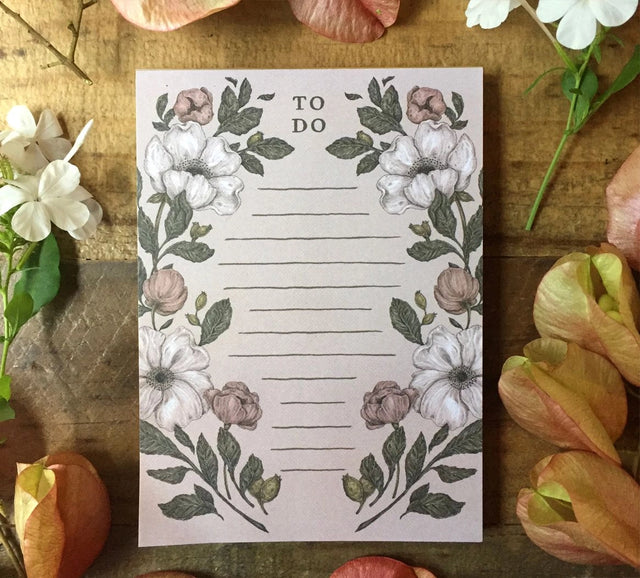 Whimsical, nature-inspired notepads perfect for writing your to do list, grocery list, and more. 50 pages, with full color illustration on the front of every page.

Matte finish perfect for writing.

Packaged in a clear cello sleeve.

Dimensions: 5.5"x4"
