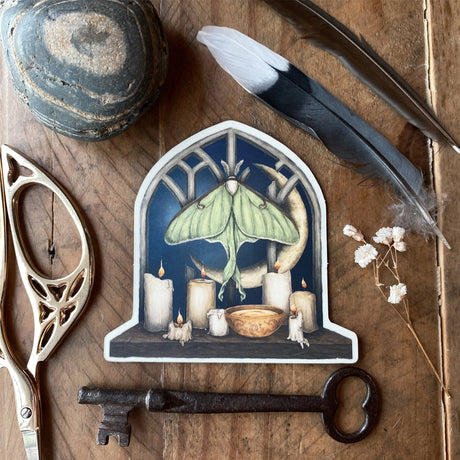 Vinyl sticker of a luna moth and moon at a window, illustrated by Jessica Roux. The window has a matte mirror-effect, glowing with the moonlight.

Sticker measures 2.2" x 2.8" and has a matte, soft-touch feel.