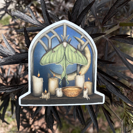 Vinyl sticker of a luna moth and moon at a window, illustrated by Jessica Roux. The window has a matte mirror-effect, glowing with the moonlight.

Sticker measures 2.2" x 2.8" and has a matte, soft-touch feel.