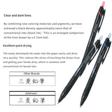 Addictive smooth writing sensation. Equipped with ultra-low friction Jetstream ink. Compared to traditional oil-based ballpoint pens, the friction coefficient has been reduced by up to 50%. By combining pigments and new color materials, we achieve sharp and intense lines. Additionally, it boasts outstanding quick-drying properties.