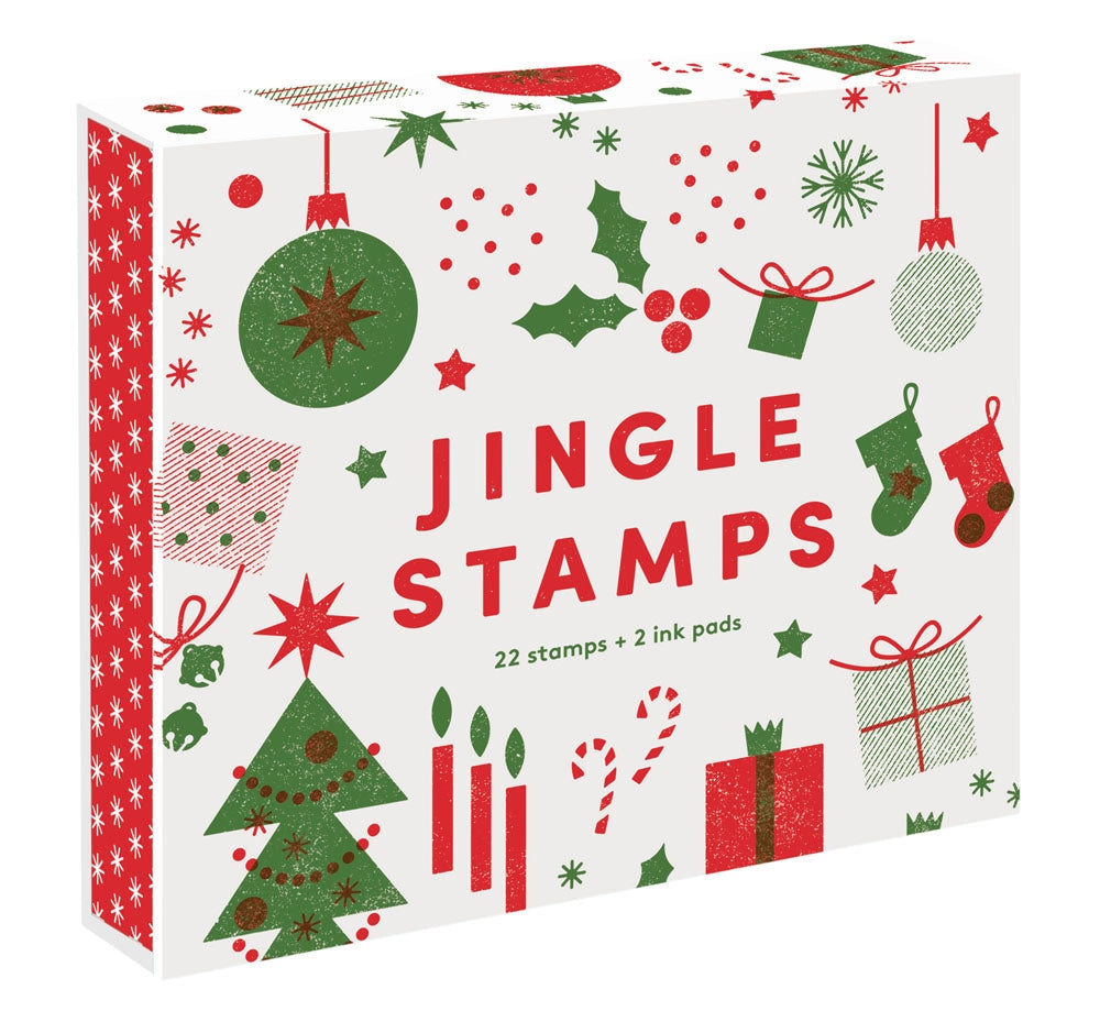 Jingle Stamps Set

A Christmas-themed mix-and-match rubber stamp set for adults to create endless festive combinations.

Jingle Stamps is a jolly collection of twenty-two shapes and textures waiting to be mixed and matched into any festive Christmas scene you can dream up. Triangles become santa hats or, when stacked vertically, evergreen trees. Dots and squares become wrapped gifts. The pieces of a candle can be repurposed into a decorative ornament. An assortment of shapes and textures offer infinite comb
