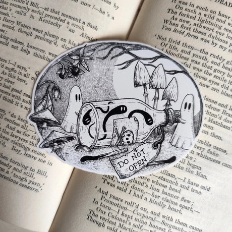 Two mischievous ghosties up to no good, and printed on a sticker to add some spooky charm to your laptop, water bottle, or any other surface. From my original pen and ink artwork.