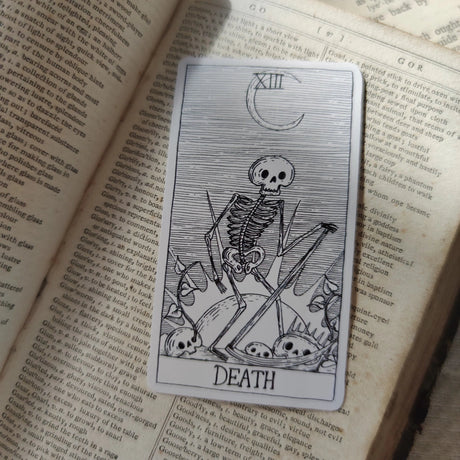 A spooky little tarot card, printed on a lovely vinyl sticker from original pen and ink artwork by Jon Turner.