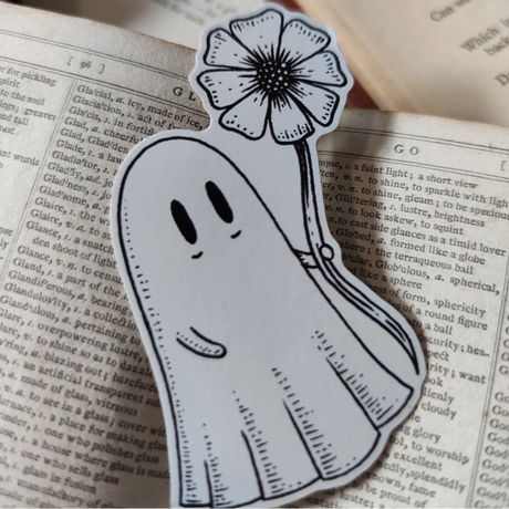 Die-cut vinyl sticker featuring an adorable ghostie pal with a flower for you! Design from an original Jon Turner ink drawing.