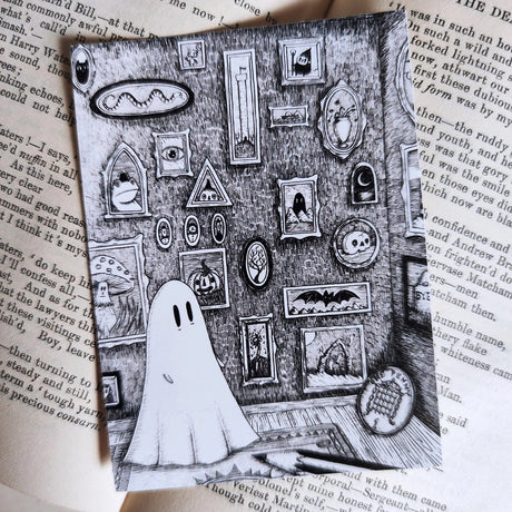 A little ghost and their gallery of art, printed on a sticker to add some spooky charm to your laptop, water bottle, or any other surface. From my original pen and ink artwork.