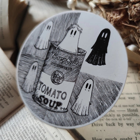 Five little pop-art ghosties and a soup can, inspired by Andy Warhol, from an original ink drawing by Jon Turner.