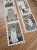 One of two tapes from the Creative Spirits series by Jon Turner, little ghosties taking you on an eclectic tour of art history. This roll features ghosts inspired by Vincent Van Gogh, Frida Kahlo, Piet Mondrian, Claude Monet, Henri Matisse, Hokusai, Malika Favre, Gustav Klimt, Keith Haring, and Yayoi Kusama.

Perforated to look like a roll of postage stamps, this washi tape features a repeating pattern of ten designs in portrait format from hand-drawn pen and ink artwork, recreated in incredible detail at m